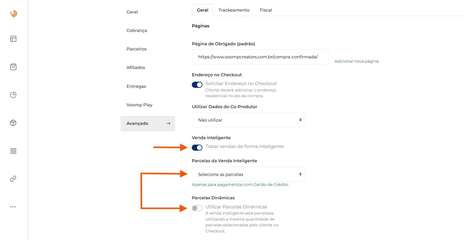 mostrar o caminho para ativa a venda inteligente